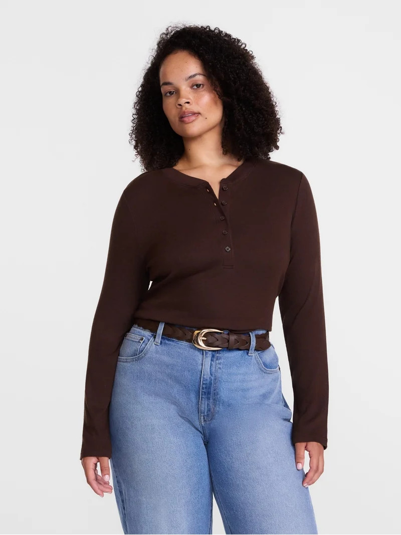 Scenario Women's and Women's Plus Rib Henley with Long Sleeves, Sizes XS-4X | Walmart (US)