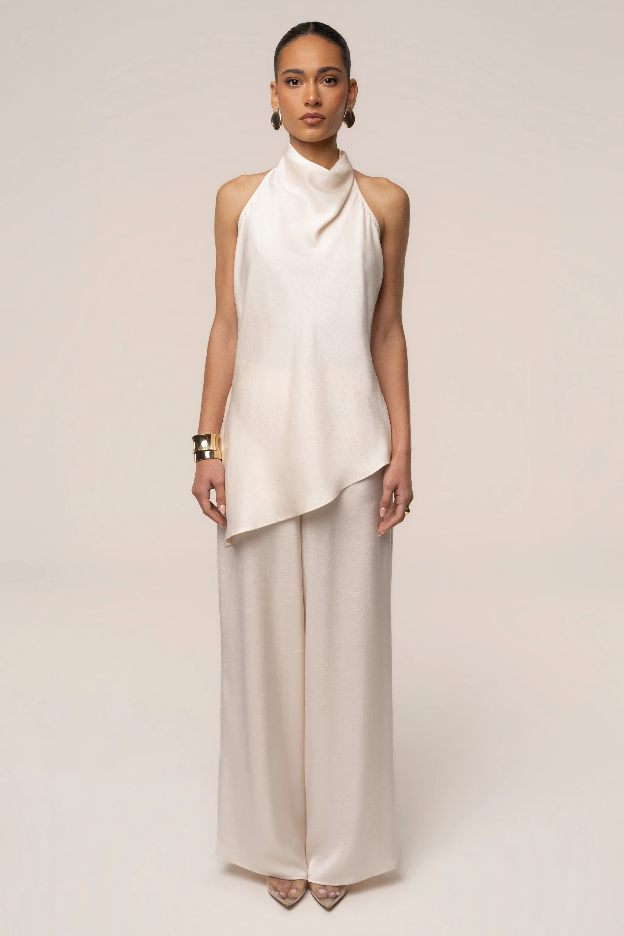 Cream Draped Satin Pant Set | JLUXLABEL US
