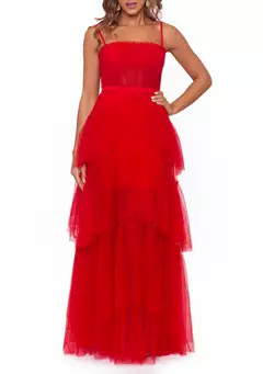Betsy & Adam Women's Sleeveless Corset Chiffon Layer Trim Solid Gown | Belk