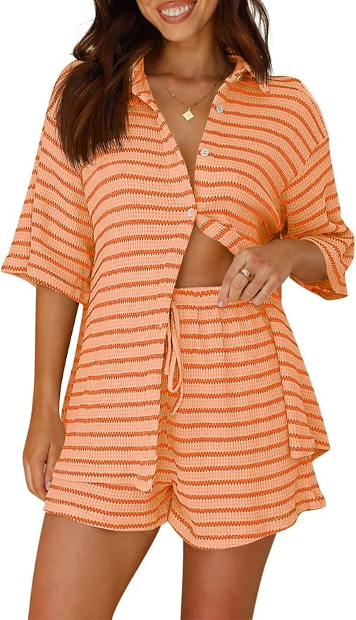 Tankaneo Womens Striped 2 Piece Sets Short Sleeve Button Down Shirt and Shorts Waffle Knit Pajama... | Amazon (US)