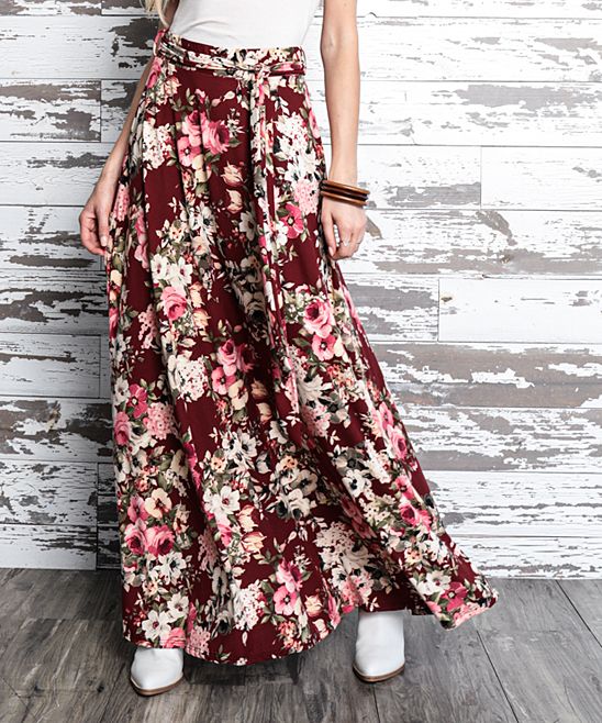 Milly Penzance Women's Maxi Skirts burgundy - Red & Pink Floral Tie-Waist Maxi Skirt - Women & Plus | Zulily