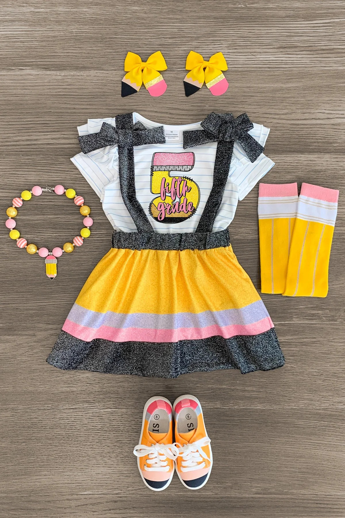 "Pre-K - Fifth Grade" Pencil Suspender Skirt Set | Sparkle In Pink