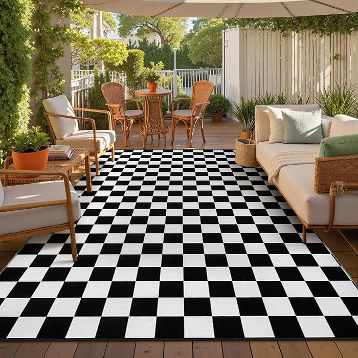 Checkered Rug, 5x8 Ft Black and White Rug, Retro Moroccan Checkerboard Rugs, Lightweight Outdoor ... | Amazon (US)