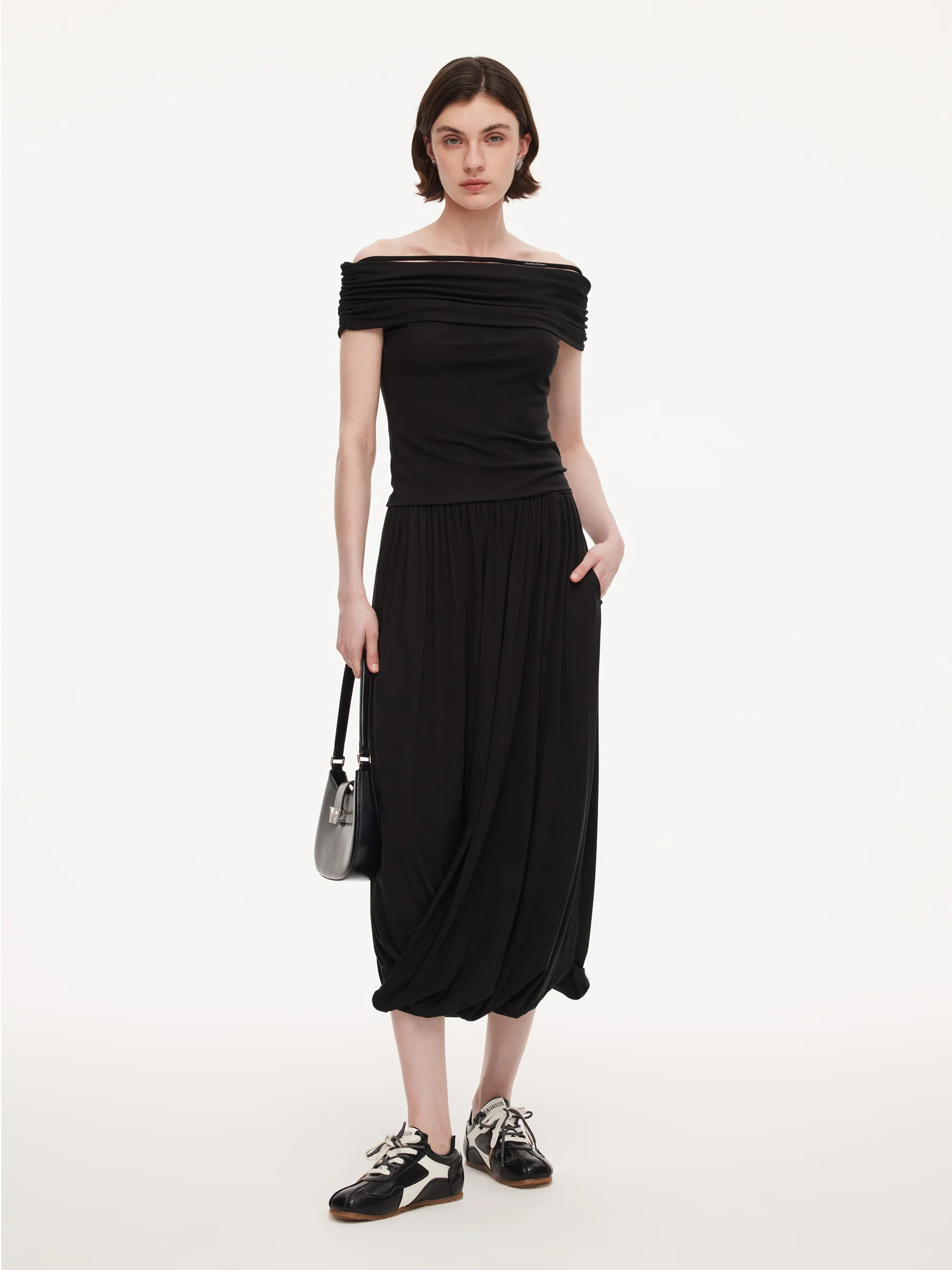 Tencel Blend Off Shoulder Knit Top And Bubble Hem Skirt Two-Piece Set | GOELIA