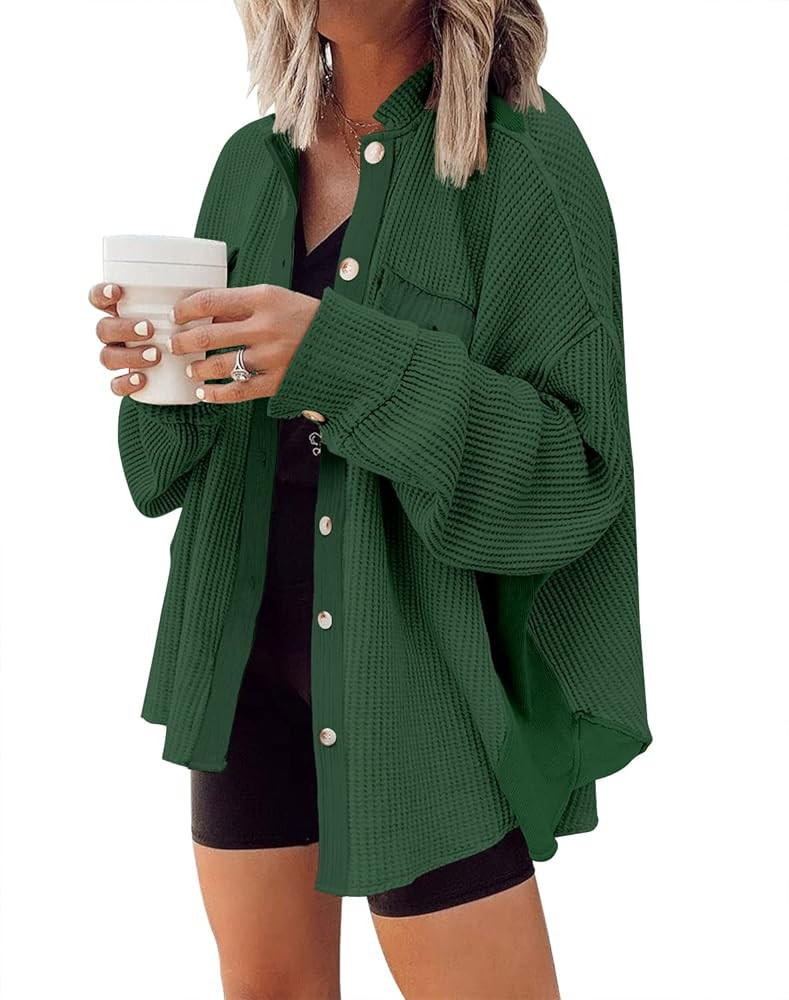 Women's Waffle Knit Shacket Boyfriend Shirt Jacket Long Sleeve Blouse Button Down Oversized Tops | Amazon (US)