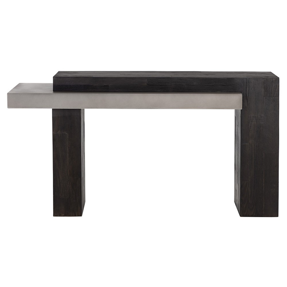 Grasmere Industrial Loft Dark Brown Faux Timber Concrete Outdoor Console Table | Kathy Kuo Home