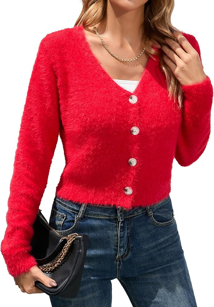 KOJOOIN Women's Cropped Cardigan V Neck Long Sleeve Soft Knit Rib Bolero Shrugs Sweater | Amazon (US)