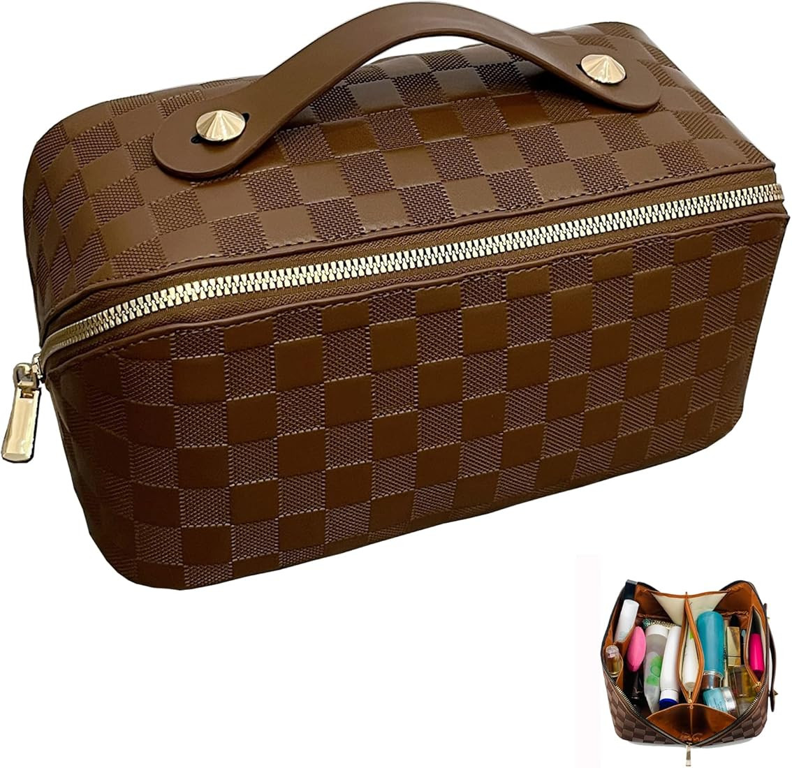 Checkered Makeup Bag Large Cosmetic Bag PU Leather Makeup Bag Storage For Women Girls Travel Toil... | Amazon (US)