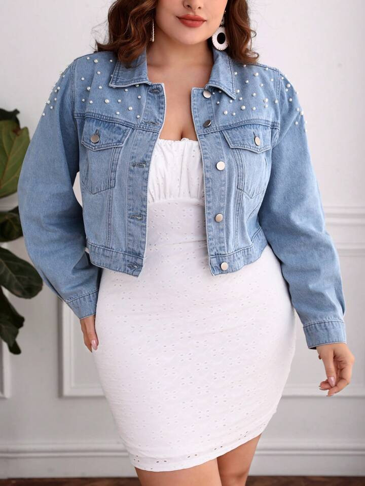 Plus Pearls Beaded Flap Pocket Denim Jacket | SHEIN