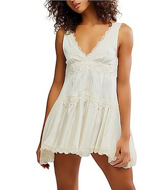 Free People In This Groove Lace Trim V-Neck Sleeveless Tiered Mini Slip Dress - M | Dillard's
