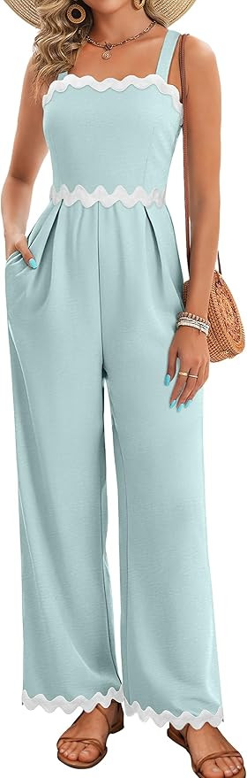 Womens Summer Jumpsuits Dressy Rickrack Trim Square Neck Casual One Piece Sleeveless Wide Leg Lon... | Amazon (US)