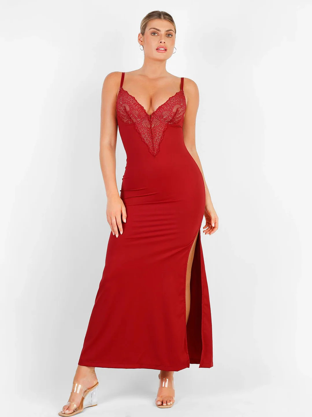 Shapewear Lace V Neck Side Slit Slimming Maxi Slip Dress | Popilush