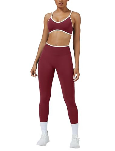 ABOCIW Two Piece Workout Sets for Women Seamless Color Block Sports Bra Scrunch Butt Lifting High Waist Leggings Gym Yoga Active Wear Pilates Outfits Work Out Clothes Burgendy Red X-Small | Amazon (US)