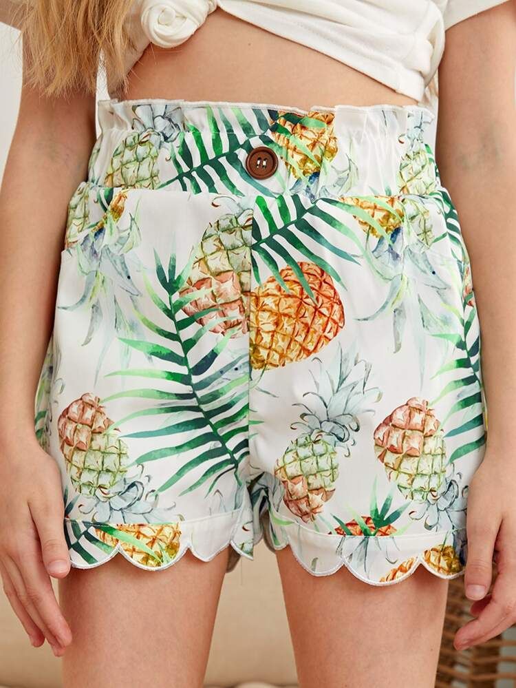 SHEIN Girls Pineapple Print Scalloped Hem Shorts | SHEIN