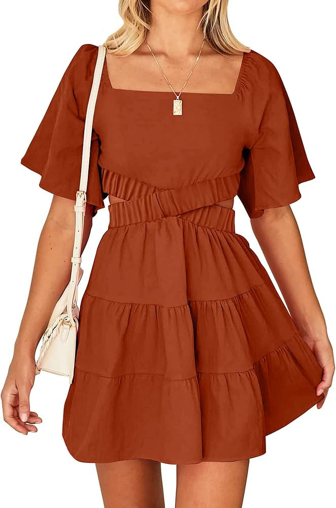 BTFBM Women Summer Dresses 2023 Square Neck Short Sleeve Cutout Crossover Waist Casual Party Tier... | Amazon (US)