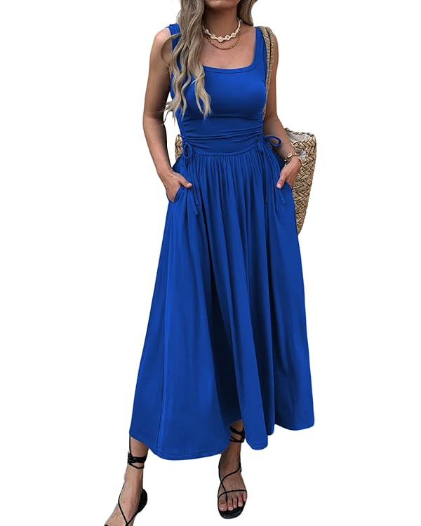 Mieazom Women’s Boho Summer Maxi Dress with Pockets, Adjustable Waist, Sleeveless Casual Ruched... | Amazon (US)