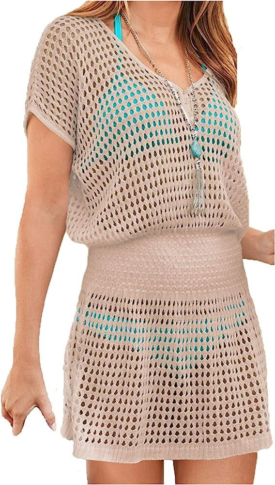 Wander Ago Beach Tops Sexy Knit Cover Dresses Bikini Cover-ups Nets Short Skirt | Amazon (US)