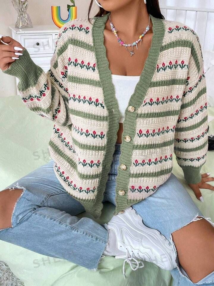 SHEIN EZwear Plus Floral Pattern Drop Shoulder Cardigan | SHEIN