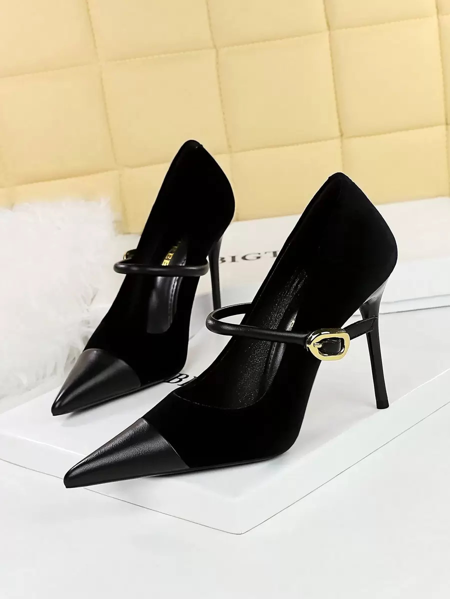 Fall/Winter 2025 Party High Heels With Stiletto Heels, Low Vamp, Pointed Toe, Suede Patchwork, Me... | SHEIN