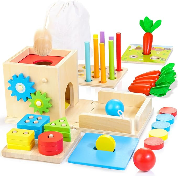 Wooden Montessori Baby Toys, 8-in-1 Wooden Play Kit Includes Object Permanent Box, Coin Box, Carr... | Amazon (US)