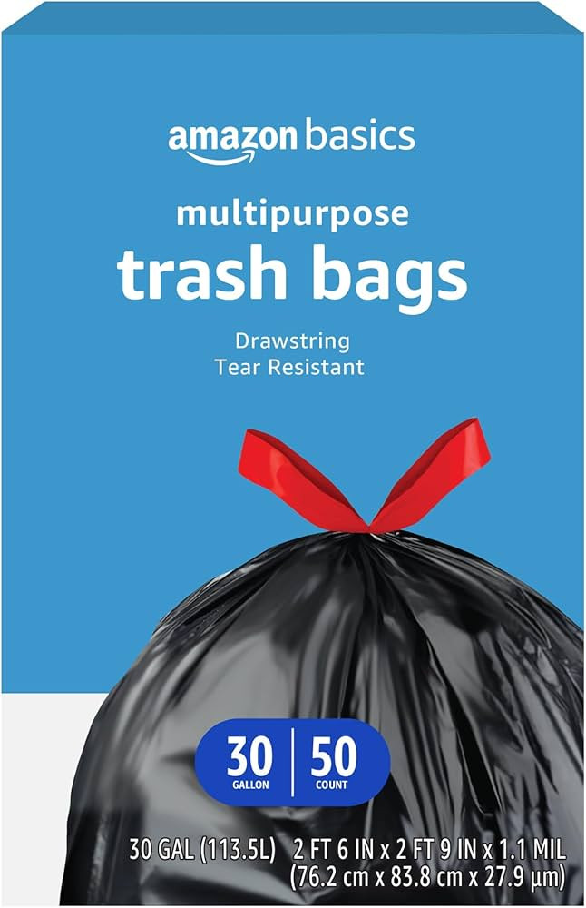 Amazon Basics Multipurpose Drawstring Trash Bags, Unscented, 30 Gallon, 50 Count, Pack of 1 | Amazon (US)