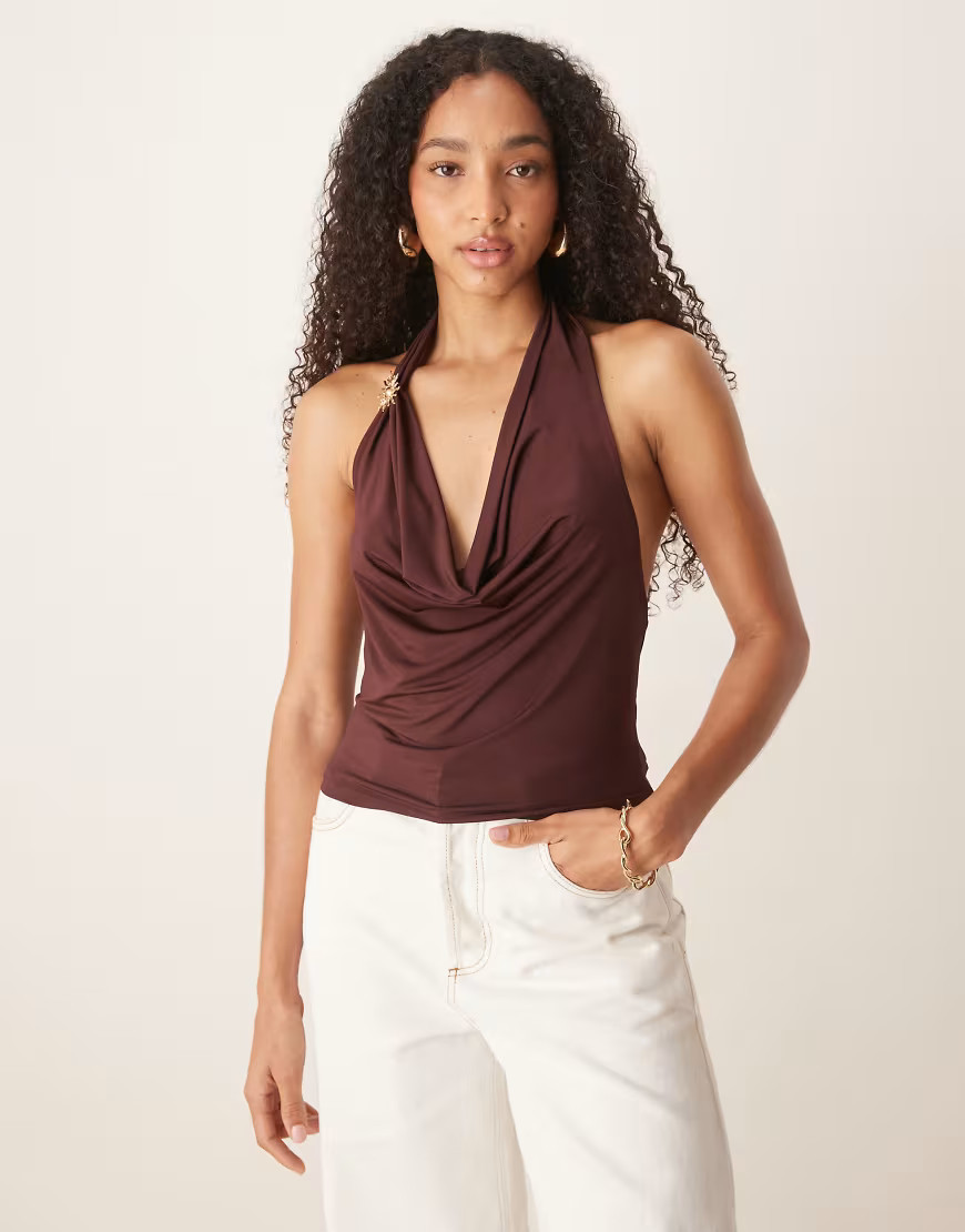 ASOS DESIGN slinky cowl neck top with gold trim detail in brown | ASOS (Global)