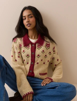 Beige and Red Floral Knitted Jacket | Nobody's Child