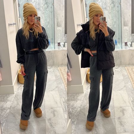 Coziest, cutest two piece sweatsuit set puffer vest platform Uggs Ugg boots winter comfy 

#LTKover40 #LTKstyletip #LTKSeasonal