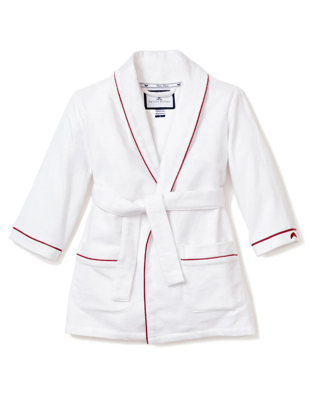Children's White Flannel Robe with Red Piping | Petite Plume
