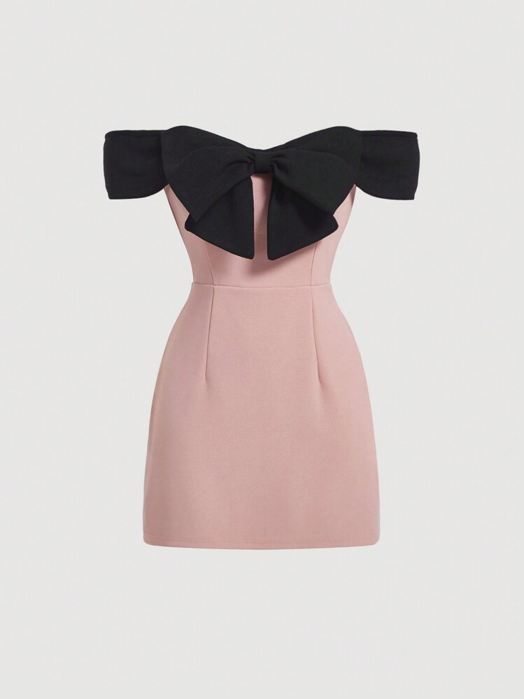 SHEIN MOD Women's Black Pink Color Block Off Shoulder Date Night Dress With Bow Detail | SHEIN