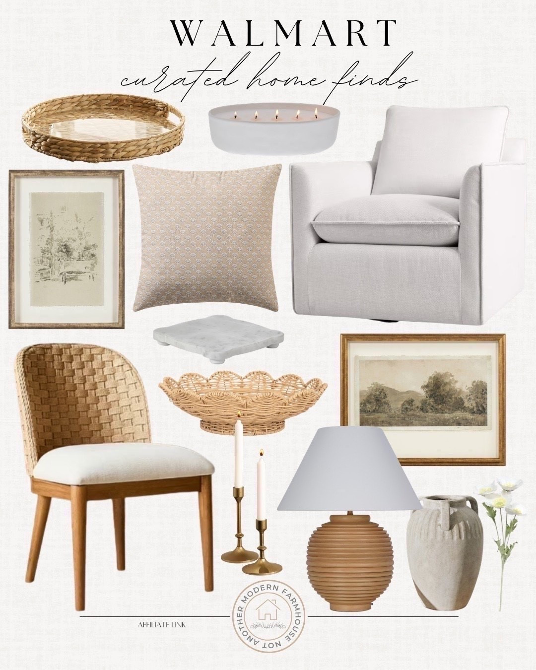 Curated home finds from Walmart include floral stem, vase, table lamp, candle stick holders, dining chair, wall art, rattan bowl, candle tray, accent chair, throw pillow, candle, and rattan tray.

Looks for less, home decor, neutral home decor, home accents

#LTKHome #LTKSaleAlert #LTKSeasonal