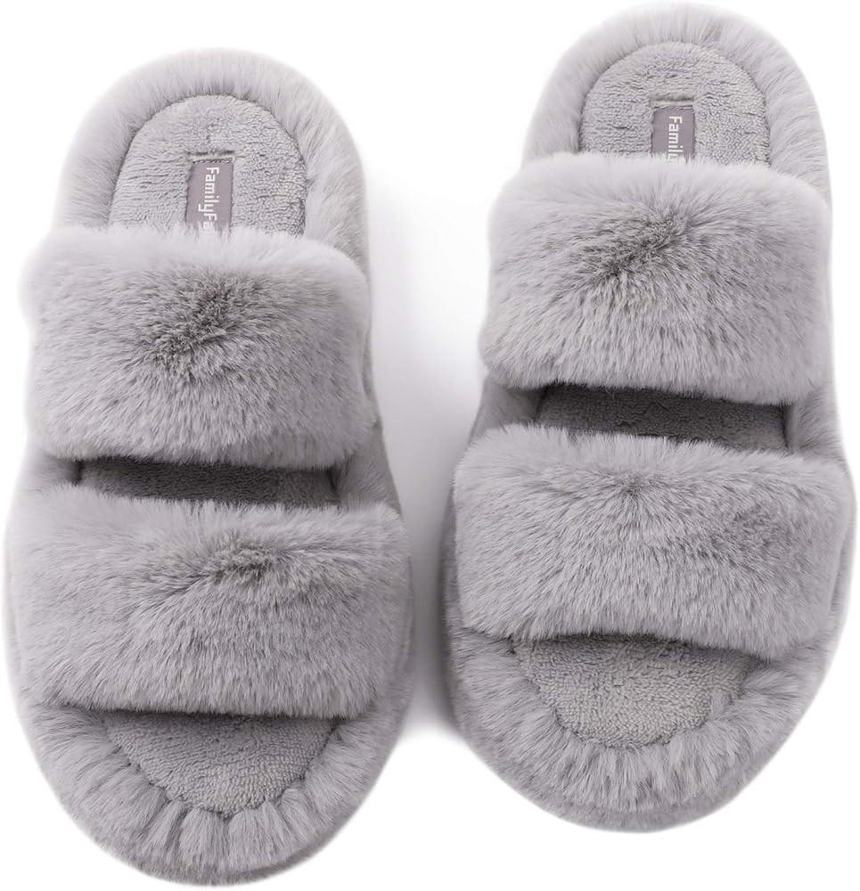 FamilyFairy Fluffy Faux Fur Slippers Comfy Open Toe Two Band Slides with Fleece Lining and Rubber... | Amazon (US)