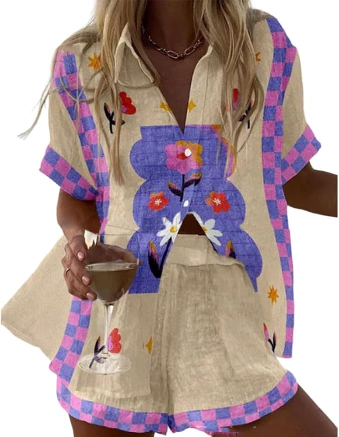Women's Vacation Beach Two Piece Outfits Casual Floral Button Down Shirt Tops and Drawstring Shor... | Amazon (US)