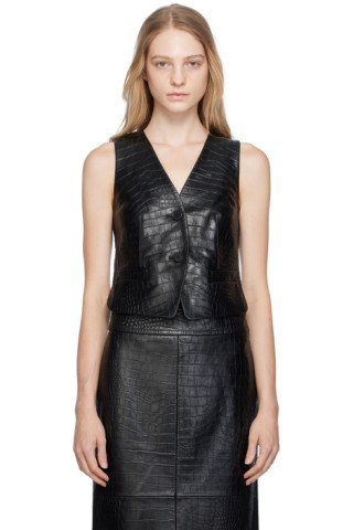 Black Embossed Leather Vest | SSENSE