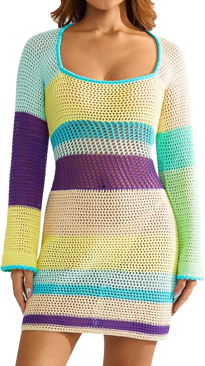 Womens Crochet Swim Cover Up Contrast Color Stripe Long Sleeve Mini Dress Knit Beach Dress Vacati... | Amazon (US)