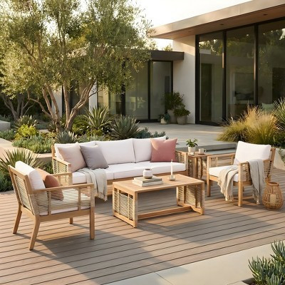 Whisen 5-Piece Patio Acacia Wood Sofa Set, Outdoor Seating Conversation Set with 3 Seater Sofa, 2 Chairs and 2 Coffee Tables - Teak Look | Target
