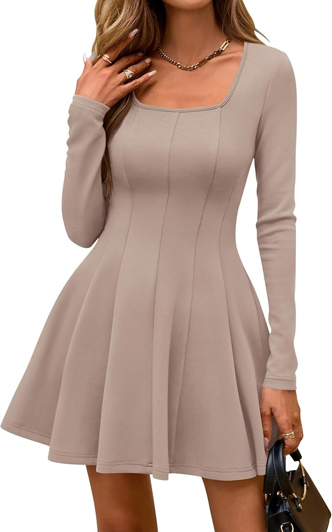 BTFBM Square Neck Dress for Women Casual Fall Long Sleeve Knit Pleated Elegant Classy 2025 A Line... | Amazon (US)