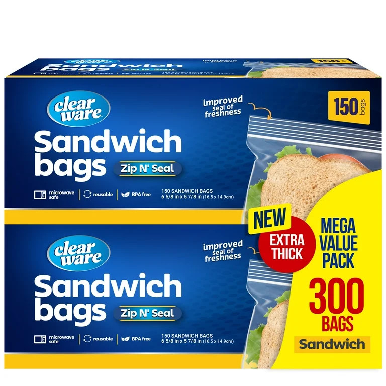 Clearware Zipper Top Sandwich Bags, 300 Count, 2 Pack | Walmart (US)