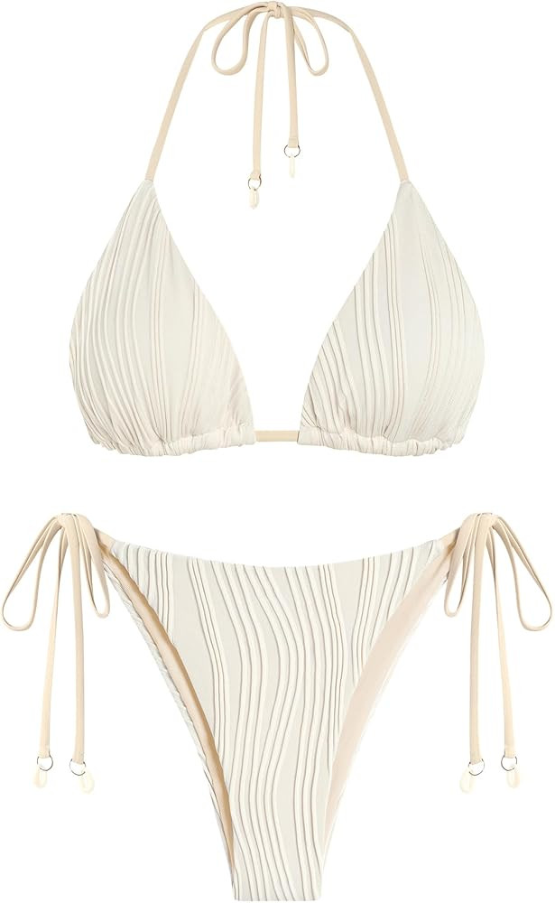 ZAFUL Textured Halter Bikini for Women 2 Piece Triangle Bikini Sets Sexy High Cut Bathing Suit Si... | Amazon (US)
