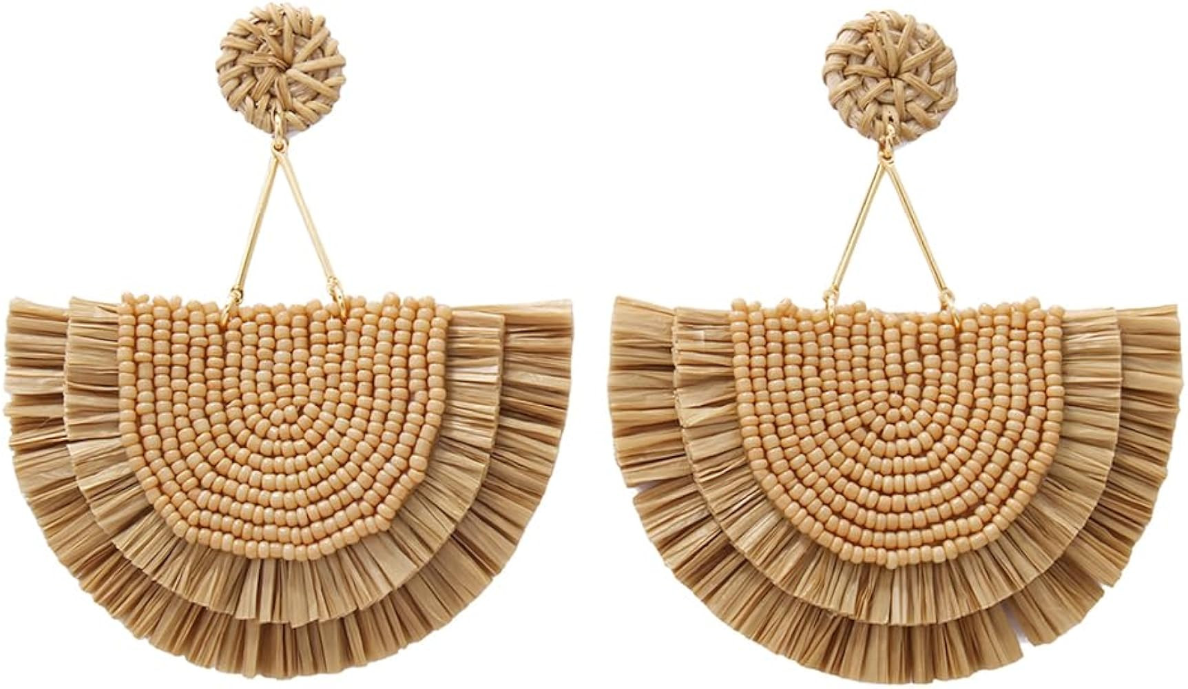 COIRIS Bohemia Beaded Fringe Statement Earrings with Long Dangling Tassel Raffia Earrings for Wom... | Amazon (US)