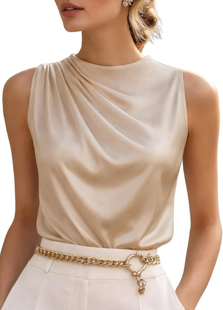 SHENHE Women's Satin Dressy Casual Ruched Tank Sleeveless Blouse | Amazon (US)