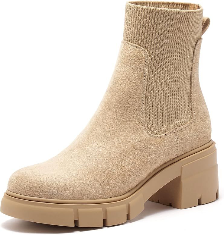 Amazon.com | REDTOP Women's Elastic Chelsea Boots Chunky Block Heel Platform Lug Sole Ankle Booti... | Amazon (US)