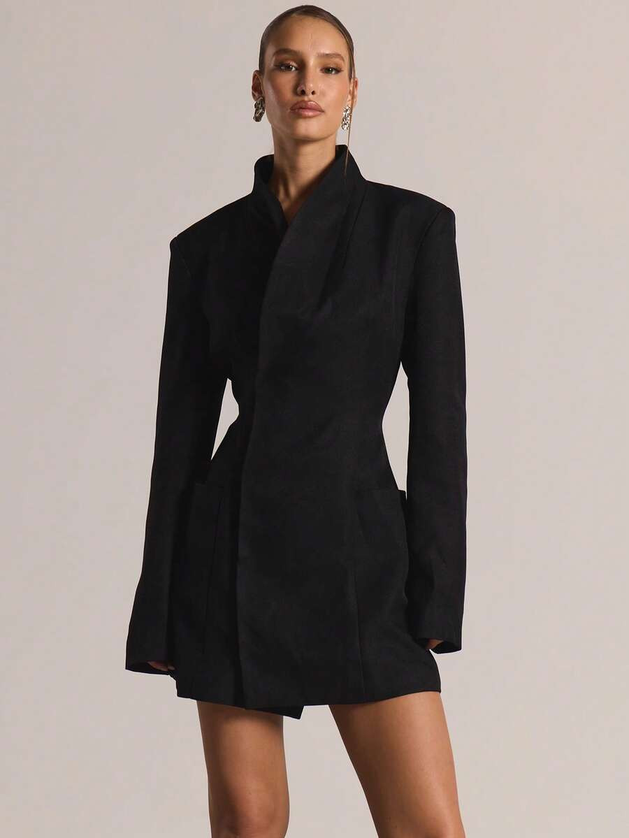 MUSERA Tailored Cinched Waist Funnel Neck Long Sleeve Blazer Dress Autumn Winter Casual Going Out... | SHEIN