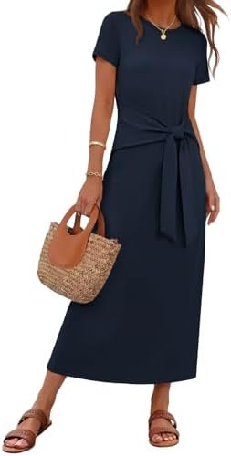 MEROKEETY Women's Summer T Shirt Business Casual Maxi Dresses | Fall, Tie Waist, Short Sleeve, Cr... | Amazon (US)