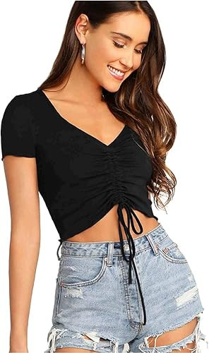 Verdusa Women's Ruched Drawstring Front V Neck Crop Tee Top | Amazon (US)