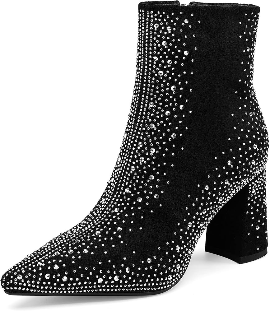 Perisis Women's Sparkly Rhinestone Block Heel Ankle Boots Fashion Pointed Toe Black Suede Side Zi... | Amazon (US)