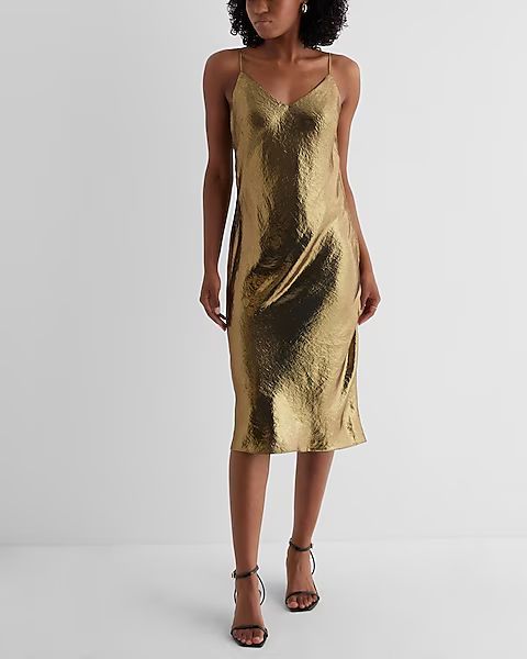 Metallic V-neck Downtown Cami Midi Slip Dress | Express