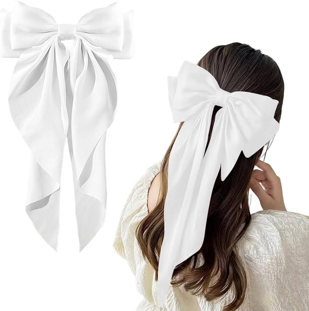 Large Hair Bow Clips for Women Girls Silky Satin Hair Barrette with Long Ribbon Tail White Hair B... | Amazon (CA)