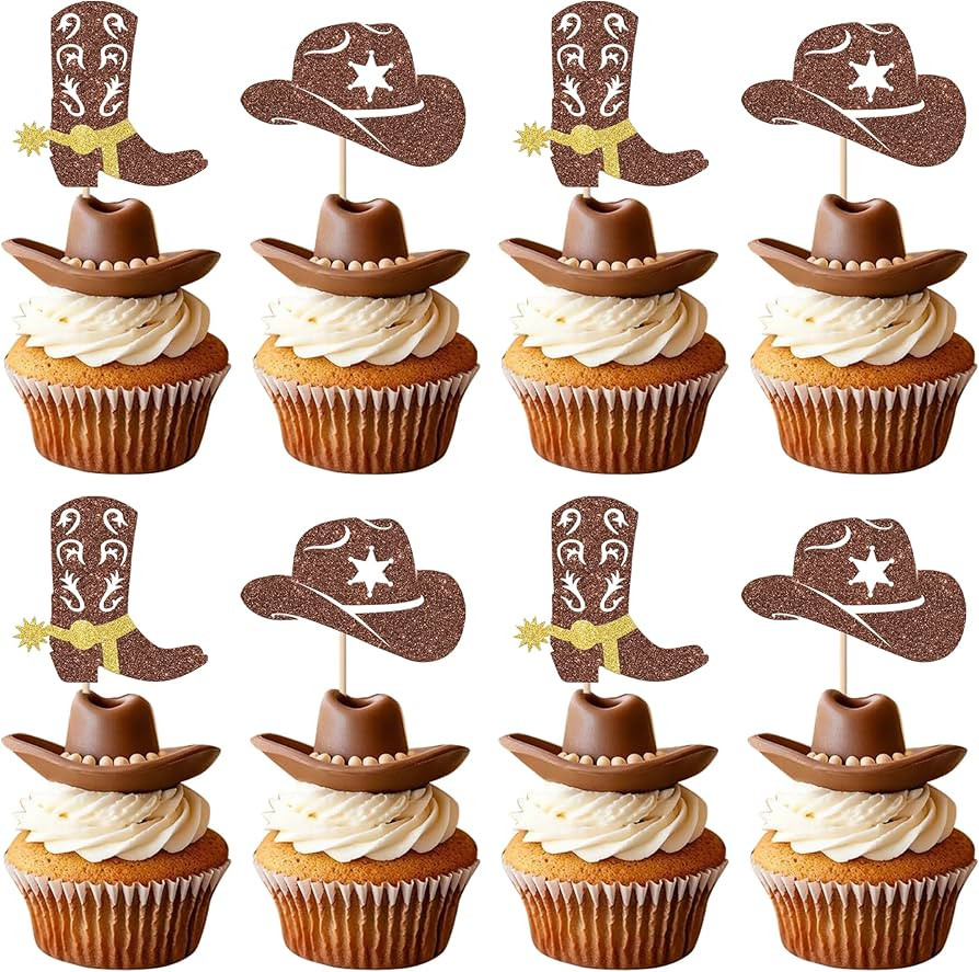 Rsstarxi 30 Pack Cowboy Cupcake Toppers Glitter Cowboy Hats Boots Cupcake Picks Cowboy Party Deco... | Amazon (US)