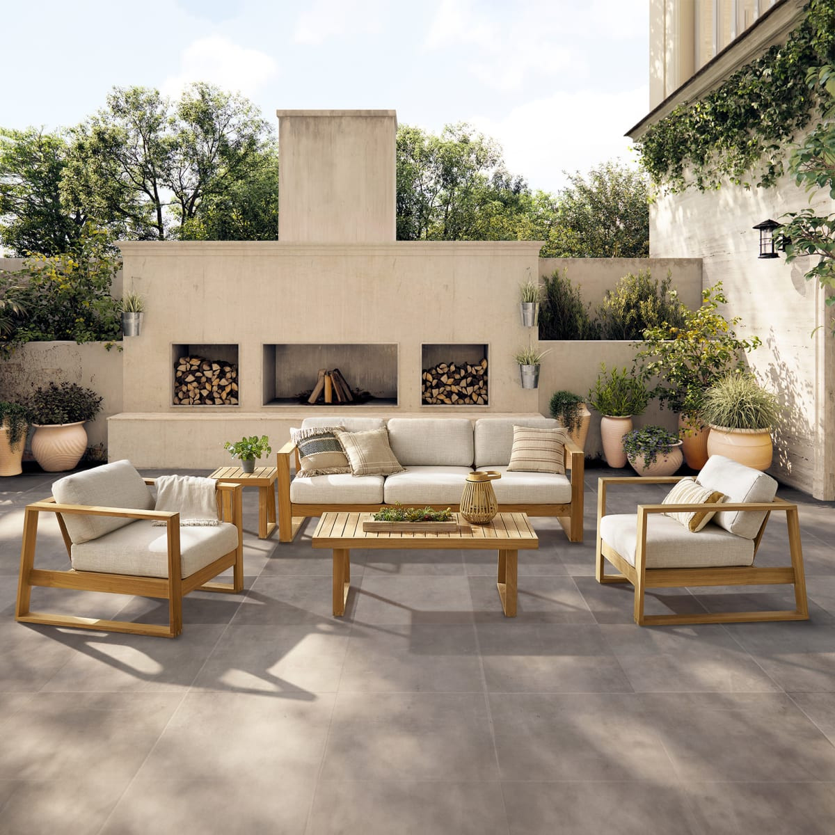 Castlery Teak Outdoor Sofa Set with 2 Lounge Chairs, Coffee Table & Square Side Table - Beige | Castlery US